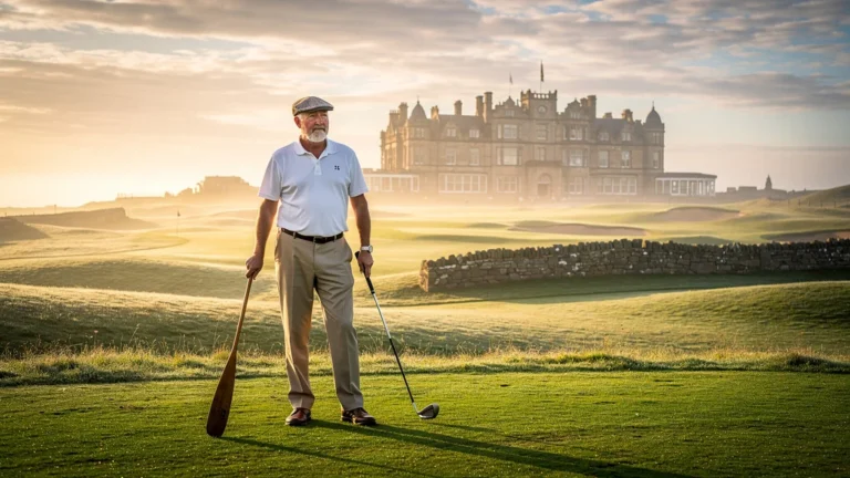 Golfeur à St Andrews sur le parcours historique lors d'un stage de golf transformateur au lever du soleil