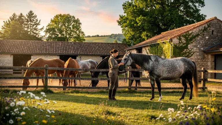 Six chevaux au centre équestre du Limousin lors d'une journée paisible printanière