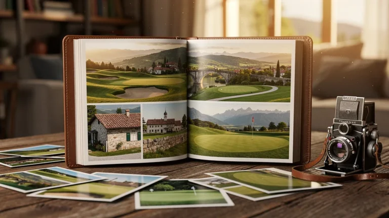 Album photo européen de greens de golf avec tirages coûteux oubliés sur table en bois rustique