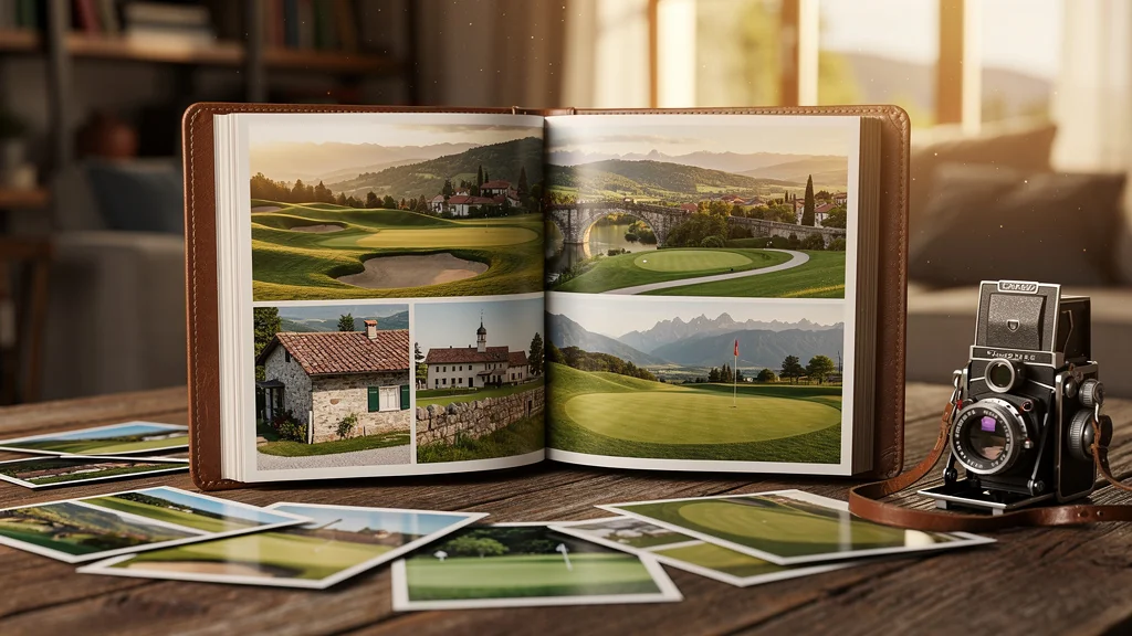 Album photo européen de greens de golf avec tirages coûteux oubliés sur table en bois rustique
