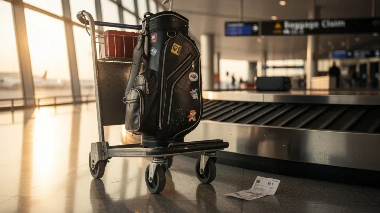 Sac de golf avec reçu d’excédent bagage de 80 € dans un aéroport, ambiance réaliste et lumineuse
