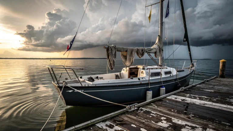 Bateau de voile amarré sous un ciel menaçant, symbolisant 90 € de leçons perdues à cause de la météo