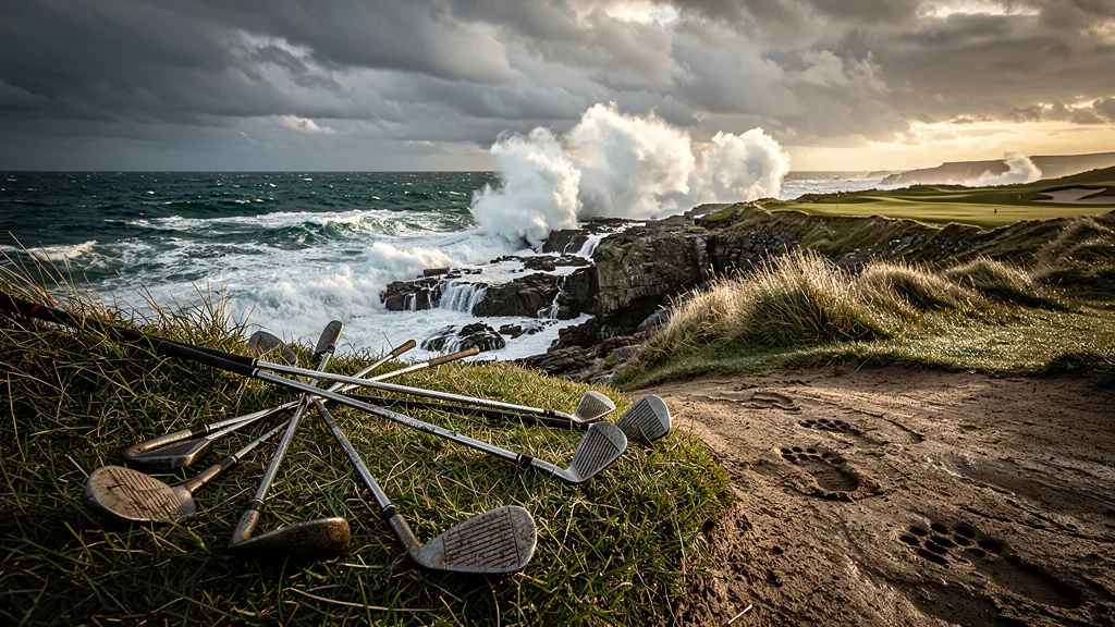 Côte de Lahinch balayée par le vent d’Atlantique détruisant un jeu de fers de golf abandonné