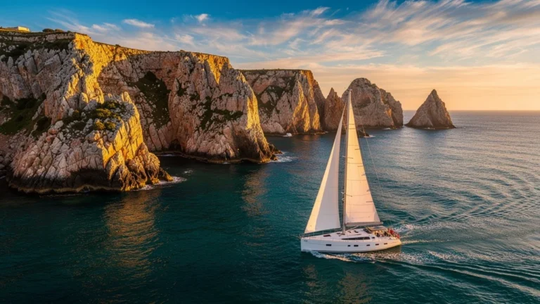 Paysage marin hyperréaliste à Sagres en Algarve avec voilier et falaises au coucher du soleil