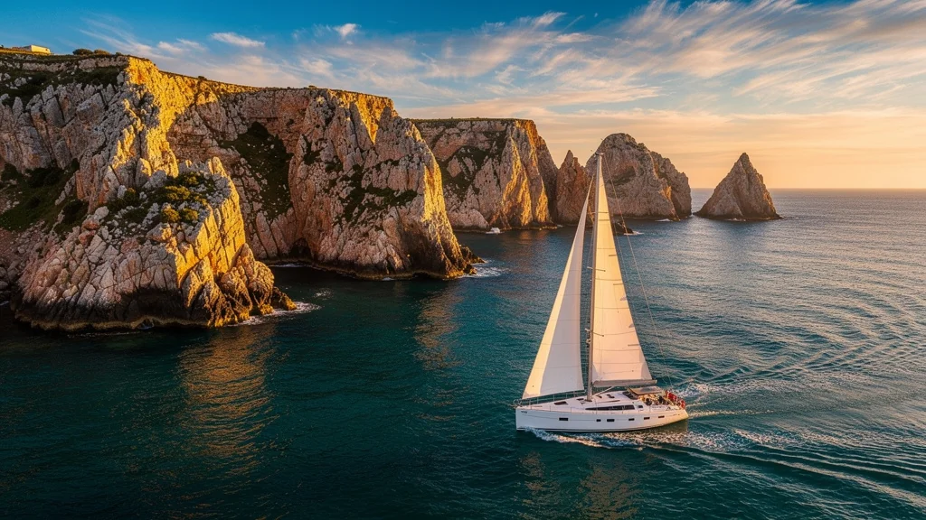 Paysage marin hyperréaliste à Sagres en Algarve avec voilier et falaises au coucher du soleil