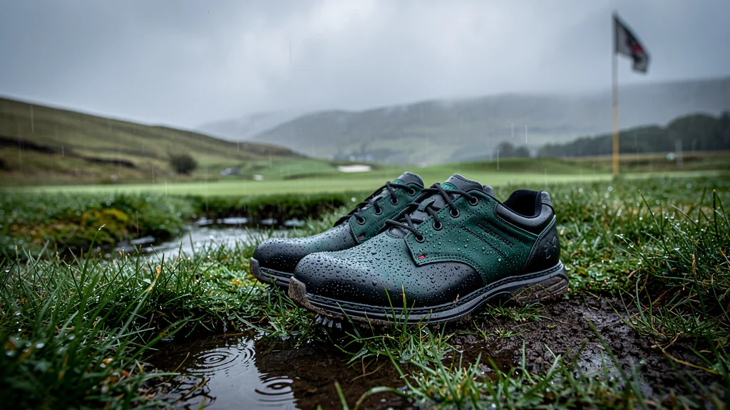 Chaussures de golf imperméables robustes sur un parcours écossais après une semaine de pluie intense
