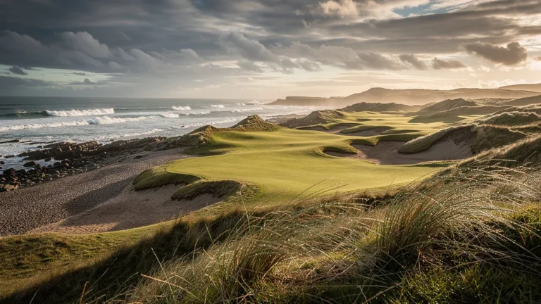 Paysage hyper-réaliste d’un parcours links de golf typique en Écosse ou Irlande, lumière dorée et dunes côtières