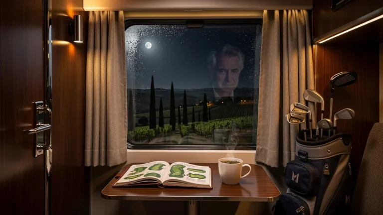 Vue réaliste d’un train de nuit traversant le Sud, évoquant un voyage vers un stage de golf