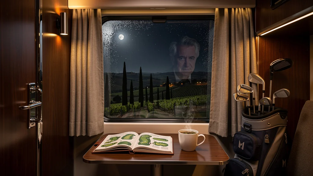 Vue réaliste d’un train de nuit traversant le Sud, évoquant un voyage vers un stage de golf