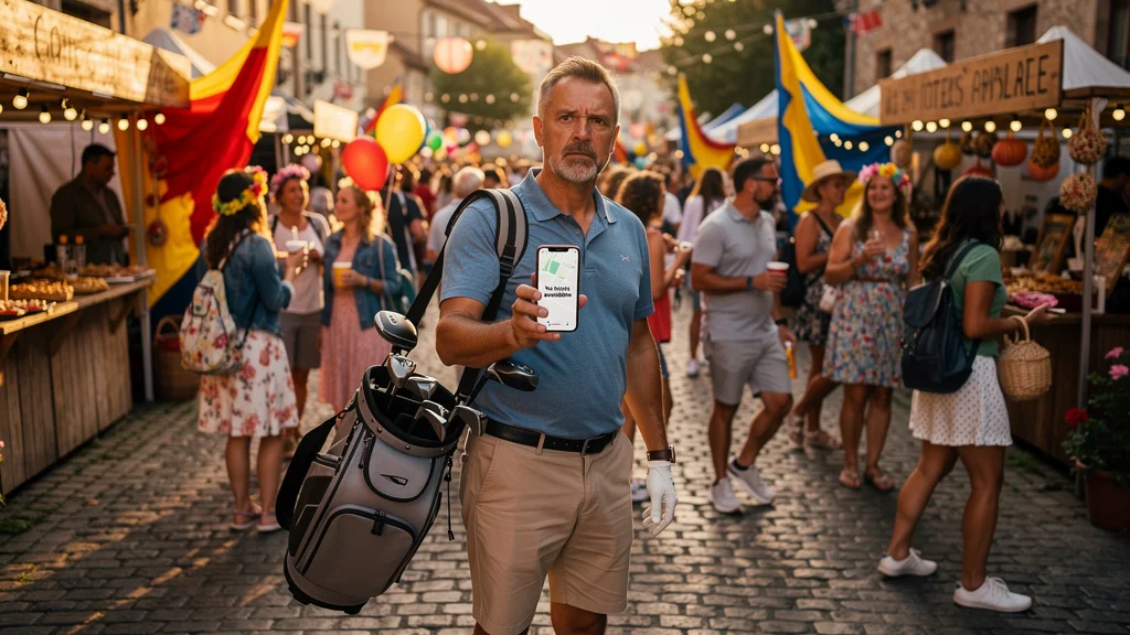 Homme d’une quarantaine d’années perdu dans un festival local bondé, golf et hôtels complets