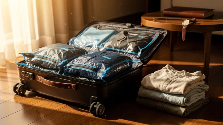 Sac de compression réduisant de moitié le volume d'un bagage dans une chambre d'hôtel lumineuse