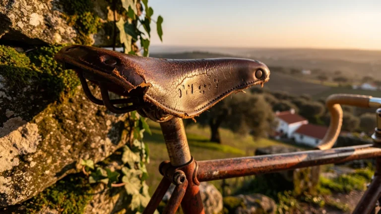 Selle de vélo usée et fissurée louée au Portugal posée sur un ancien vélo dans un paysage rural