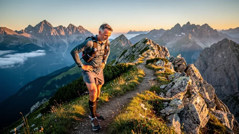 Trail en altitude avec coureur expérimenté, lumière dorée du matin et paysage montagneux spectaculaire