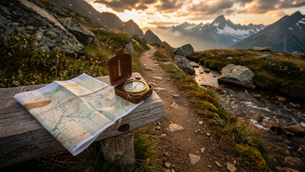 Paysage de montagne hyper-réaliste avec carte topographique illustrant le trek sans guide pour les lecteurs de carte