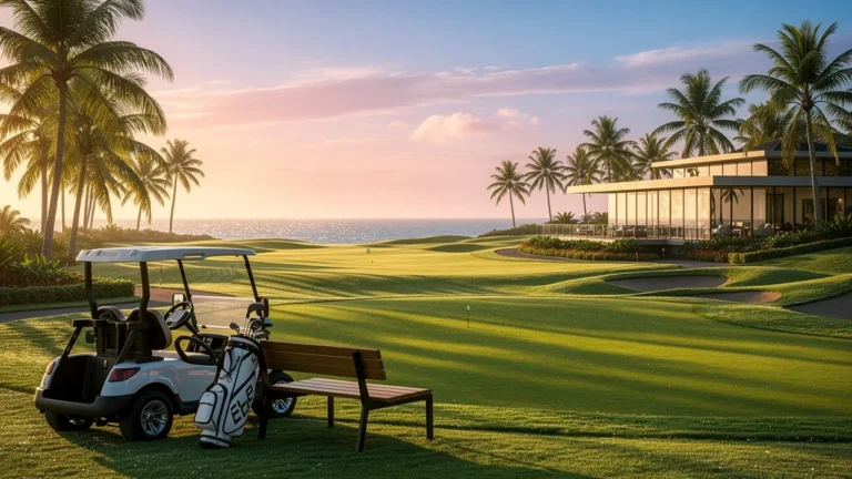 Golf de luxe à l'étranger au lever du jour, fairways verdoyants et ambiance paisible pour stages tout compris