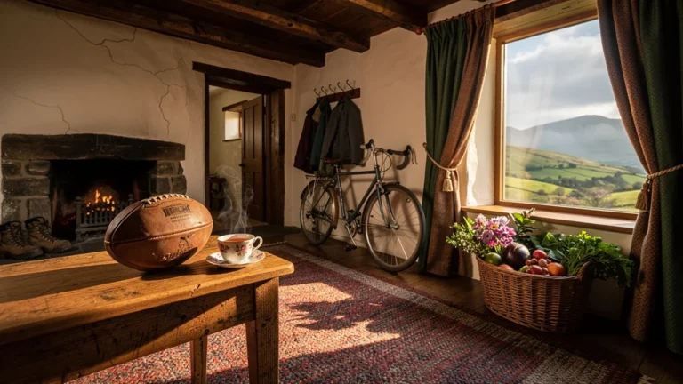 Intérieur chaleureux d'une maison galloise traditionnelle mêlant sport et ambiance familiale authentique