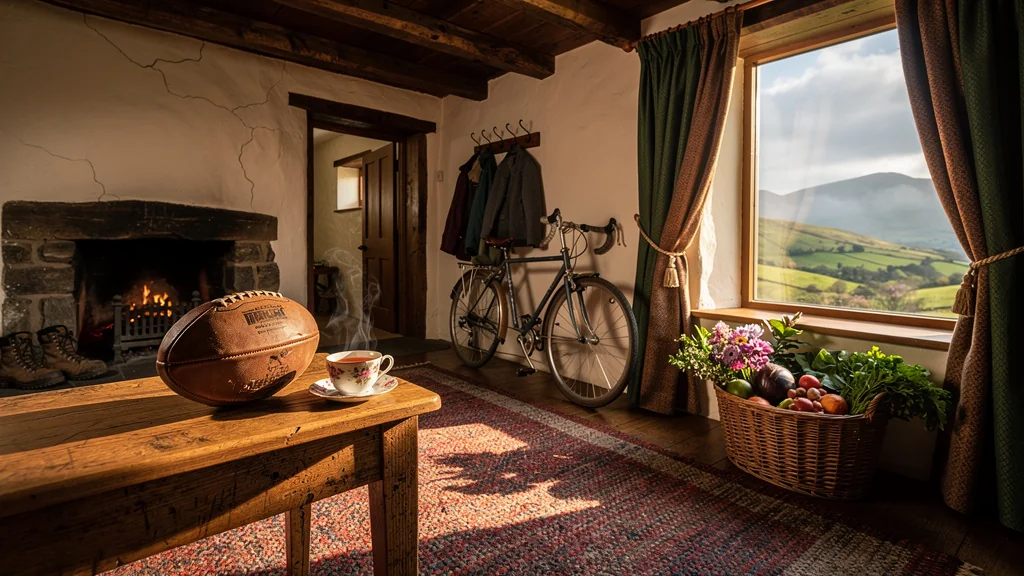 Intérieur chaleureux d'une maison galloise traditionnelle mêlant sport et ambiance familiale authentique