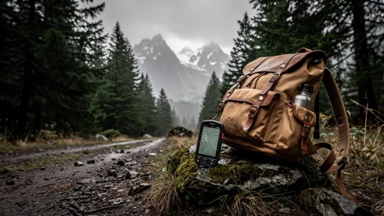 GPS de randonnée cassé sur sentier montagneux, ambiance humide et ciel couvert, randonnée aventure
