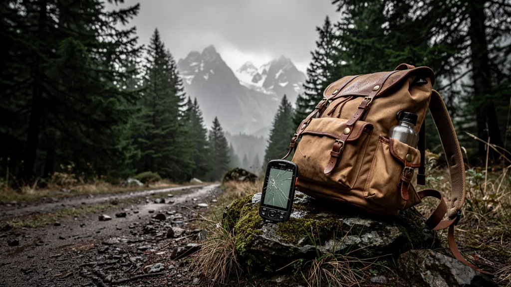 GPS de randonnée cassé sur sentier montagneux, ambiance humide et ciel couvert, randonnée aventure