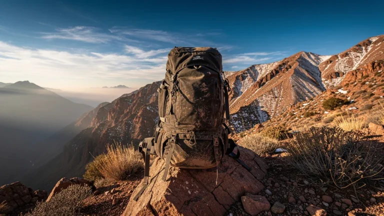Sac de trek 60 litres robuste dans les montagnes de l'Atlas après quinze jours d'aventure