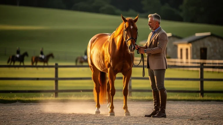 Coach masculin de 47 ans lors d’un séjour équestre à l’étranger, scène réaliste et professionnelle en plein air