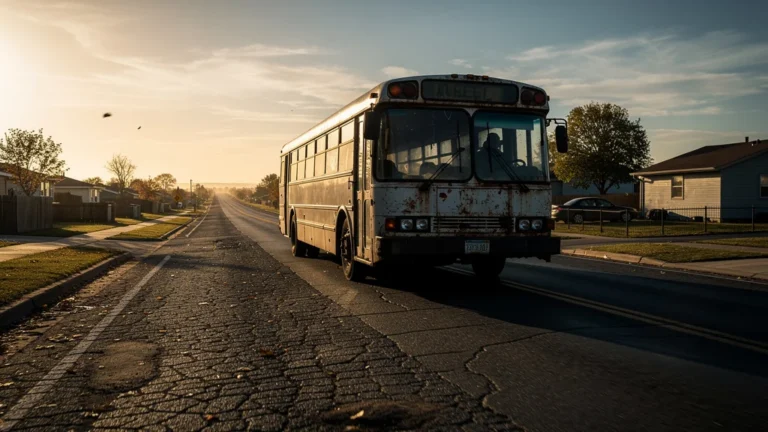 Bus longeant un quartier éloigné, illustrant deux heures de trajet quotidien loin du club