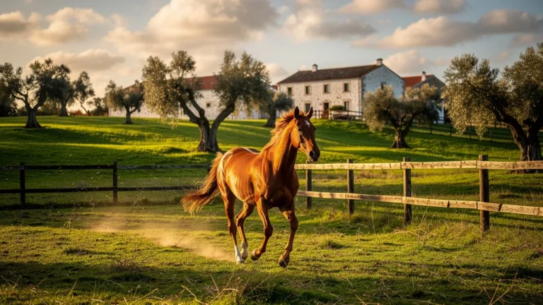 Camp équestre au Portugal avec cheval Lusitano au trot enlevé au coucher du soleil