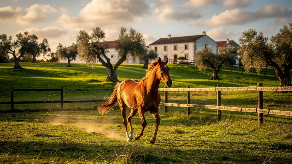 Camp équestre au Portugal avec cheval Lusitano au trot enlevé au coucher du soleil