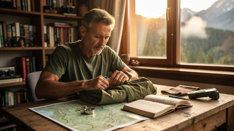 Homme préparant minutieusement un trek à la maison avec cartes et équipement devant une fenêtre montagneuse