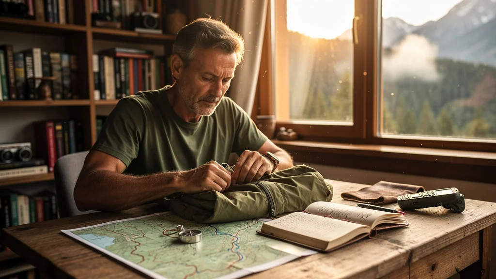 Homme préparant minutieusement un trek à la maison avec cartes et équipement devant une fenêtre montagneuse