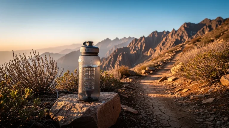 Gourde filtrante sur sentier aride du trek de l'Atlas sous lumière dorée du coucher de soleil